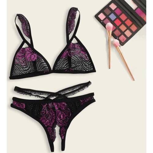 Erotic Lingerie Bra with Steel Ring Embroidery Flower Lace V Neck Sleevless Sexy Thong Underwear for Women Bielizna Erotyczna