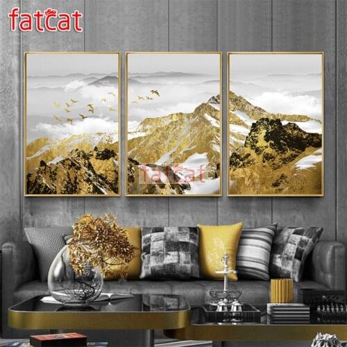 FATCAT Golden snow mountain landscape diy 5d diamond painting full square round drill mosaic embroidery triptych kits AE2973