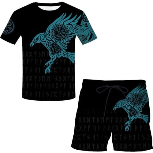 2021 Summer Viking 3D Printed Casual Mens T-shirt Shorts Set Mens Sportswear Cool O Neck Casual Short Sleeve Mens Clothing