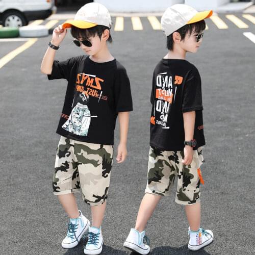 2020 Boys Clothes Summer Kids Baby Letter T Shirt Camouflage Short Boy Outfit Sport Suit Children Clothing Set 4 6 8 10 12 Years