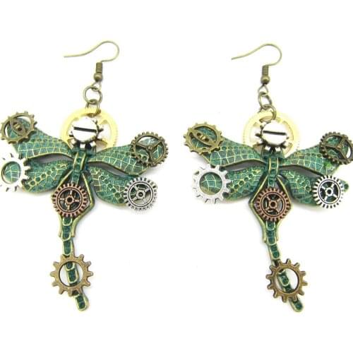 Gothic Vintage Green Dragonfly Gear Metal Drop Earrings For Women Punk Cool Fashion Movement Insect Gear Earrings Jewelry New