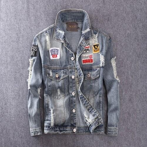 American Streetwear Fashion Men Jacket Blue Color Patches Spliced Cotton Coats Ripped Denim Jacket Men Hip Hop Jacket masculina