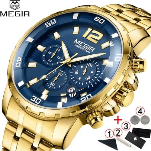 Relogio Masculino Men Watches 2019 Luxury Brand MEGIR Military Male Watch Golden Chronograph Waterproof Gold Men Watches 2019