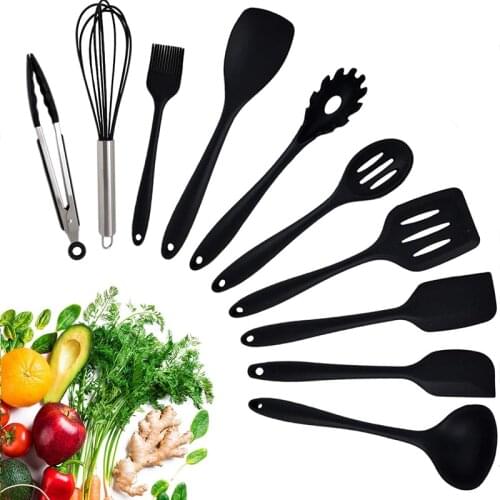 10PCS Silicone Cooking Tools Utensils Set Non-stick Spatula Shovel Soup Spoon Kitchenware Baking Tool Heat-Resistant