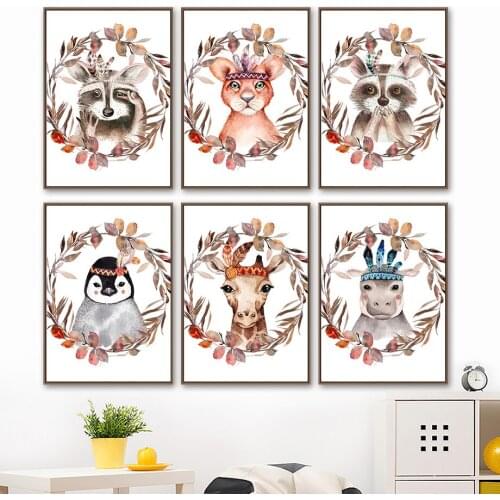 Penguin Raccoon Deer Lion Hippo Woodland Animal Wall Art Canvas Painting Nordic Posters And Prints Wall Pictures Kids Room Decor