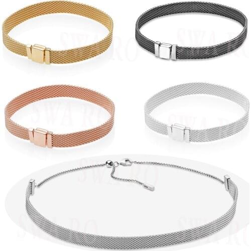 New Silver Mesh Necklace Rose Gold Reflective Bracelet 925 Diy Charm Clip Original Womens Jewelry Exquisite Gift