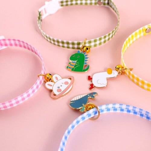 Plaid Cartoon Pet Collar Adjustable Anti-suffocation Cat Dog Collar Dinosaur Duck Rabbit Whale Cute Bell Necklace Pet Supplies