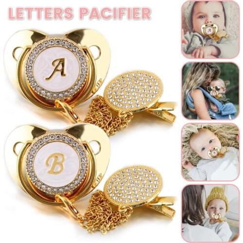 26 Name Initial Letter Baby Pacifier and Pacifier Clips BPA Free Silicone Infant Nipple Gold Bling Newborn Dummy Soother