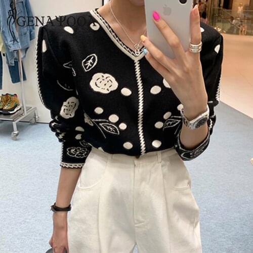 Genayooa Autumn Knitted Women Sweater Long Sleeve V Neck Ladies Jumper Korean Style Warm Winter Pattern Sweater Female Fashion