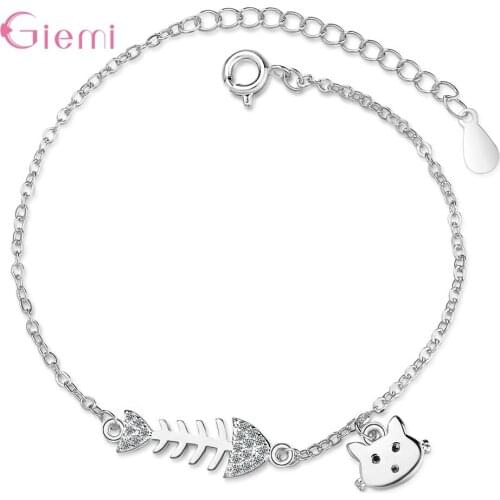 Unique 925 Sterling Silver Zircon Fish Bone Cat Charm Bracelets for Women Fashion Adjustable Chain Bracelet Jewelry Gift