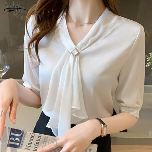2021 Summer White Chiffon Blouses Women Office V Neck Short Sleeve Women Shirts Fashion Ladies Tops Clothing Blusas Mujer 15120