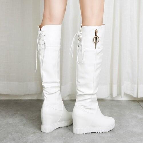 PXELENA Retro Hidden Wedge High Heel Platform Punk Gothic Boots Women Lace Up Zip Lady Shoes Combat Long Boots Black White 34-43