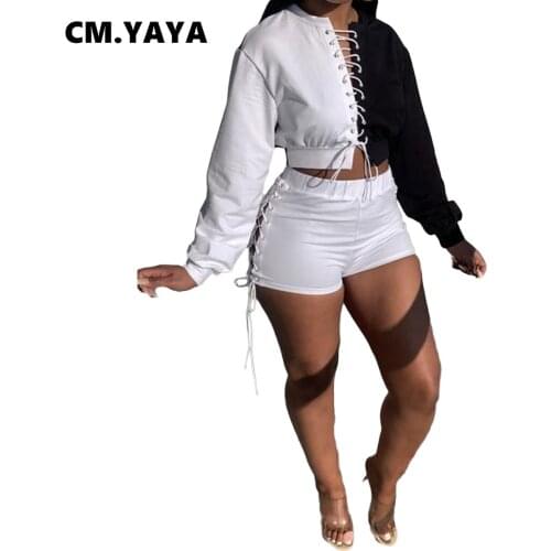CM.YAYA Women Set Patchwork Full Sleeve O-neck Bandage Crop Tops Stretchy Shorts Two 2 Piece Sets Sporty Tracksuit Outfit Fall