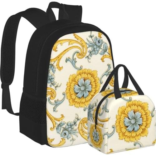 WHEREISART Golden Baroque Pattern Women Floral Backpack With Female Travel Back To School Bag Teenage Unisex Shopper Mochila