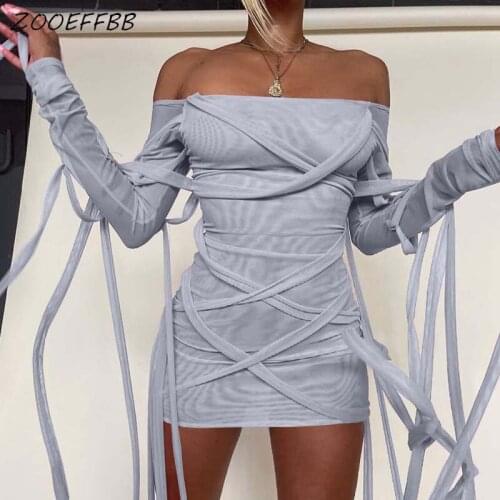 ZOOEFFBB Aesthetic Bandage Mesh Bodycon Mini Dress for Women Summer Clothes One Piece Sexy Off Shoulder Transparent Club Outfits