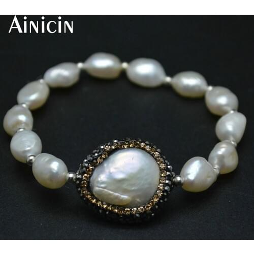 1pc New Arrival Fashion Women Jewelry Natural Freshwater Pearls Bracelets Gold and Silver Rhinestone Paved Surround Coin Pearl