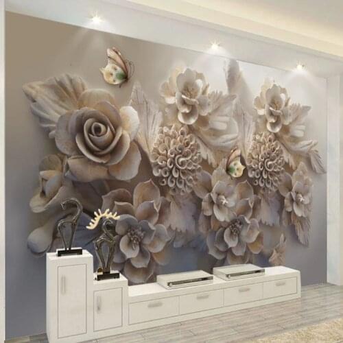 Custom Mural 3D Wallpaper European Aesthetic Three-dimensional Relief 3D Flower Butterfly Living Room Sofa Background Wallpaper