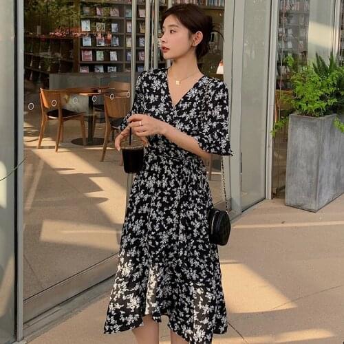 52464# Maternity Clothes Summer Chiffon Short Sleeves Loose Stylish Floral Dress Pregnant Women Mom Dress