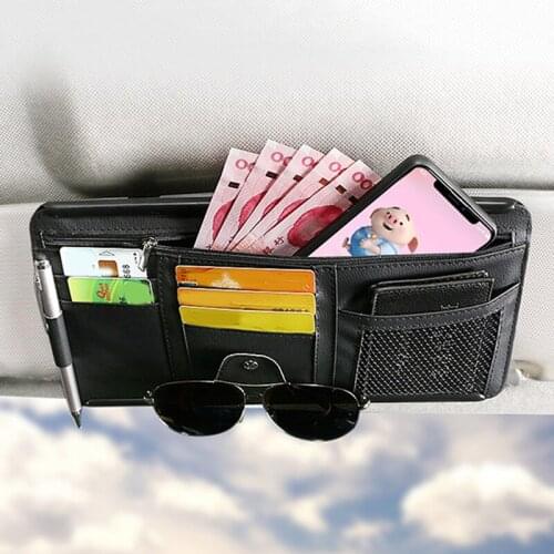 Car Sun Visor Storage Box PU Leather Multi-Function Card Sunglasses Sunglasses Pen Tool Cash Clip Interior Car Accessories