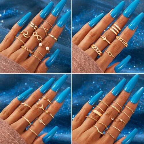 Bohemian Vintage Crown Flower Heart Lotus Leaf Crystal Rings Set Women Retro Party Wedding Jewelry