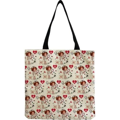Personality Cartoon Tote Bags For Ladies Large Capacity Female Nurse Printed Handbag Quality Linen Foldable Storage Shopping Bag