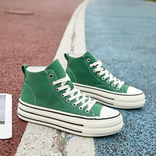 Fashion High Top Sneakers Women Sports Shoes Flat Platform Canvas Shoes Green Leopard Gingham Tennis Female Size 35-40