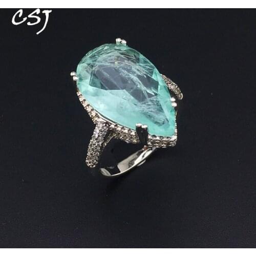 CSJ Created Paraiba Tourmaline Rings Synthetic Gemstone Pear 12*20mm Fine Jewelry For Women Lady Wedding Party Gift With Box