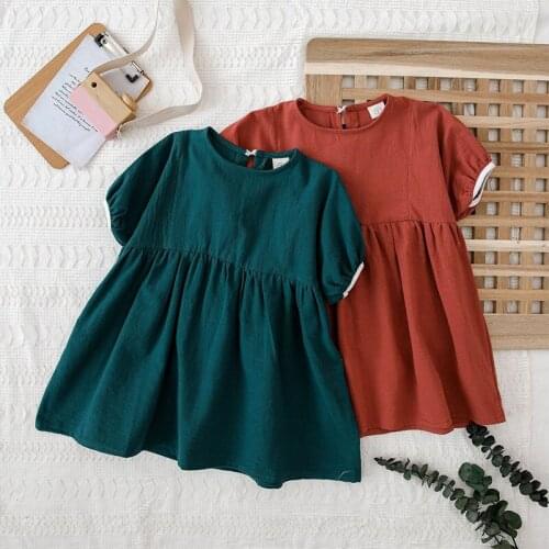 Summer Korean style childrens girl clothing pure color pastoral cotton short-sleeved dress cute casual princess dress