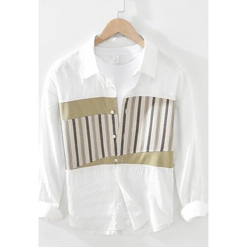 2923 Men Spring Fashion Japan Trendy Asymmetrical Stripe Patchwork Loose Casual Long Sleeve Lapel Shirts Teens Simple Daily Wear