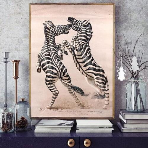Nordic Fashion Abstract Animal Print Fighting Zebra Retro Poster Wall Art Modern Living Room Home Decoration Frameless Picture