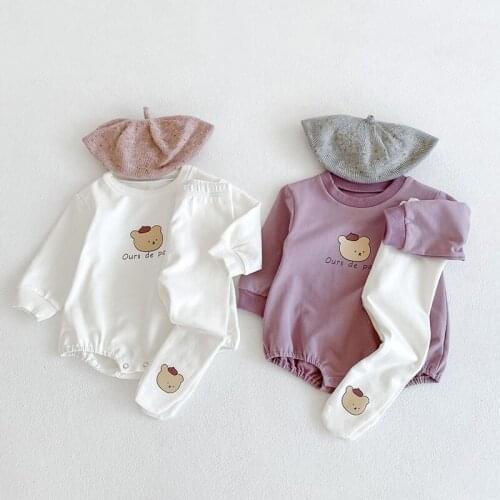 Autumn Baby Boy Girl Clothing Toddler Girls Jumpsuits Bear Printed Long Sleeve Romper + Printed Tights Outfit Infant Clothes