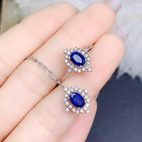 Natural Sri Lanka Sapphire S925 Ring Pendant Necklace Set Charming Fine Fashion Weddings Jewelry for Women MeibaPJFS