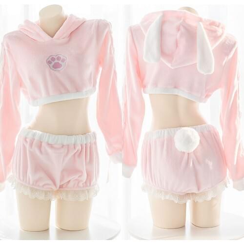 Sexy Sweater Pink Bunny Girl Cute Plush Homewear Lolita Ultrashort Hollow Hoodies Shorts Rabbit Tail Sleepwear Top and Panty