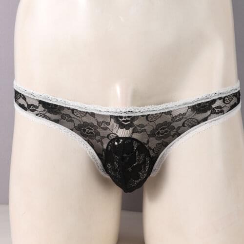 Gay Male Sissy Jockstraps Bulge Pouch See-through Lace Briefs Floral Lingerie Panties G-string Underwear Underpants for Men
