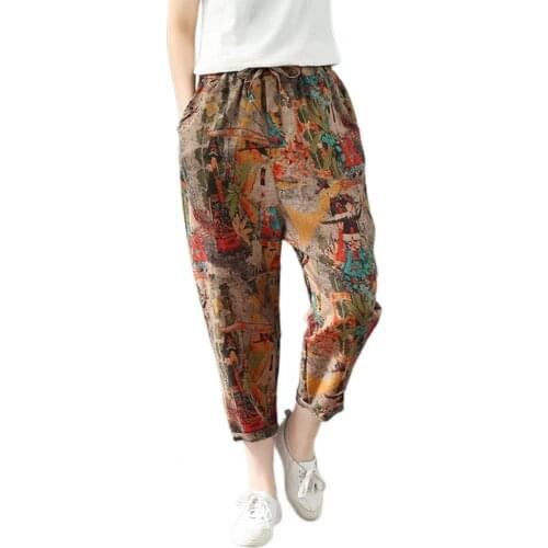 Cropped Pants for Women Vintage Ethnic Pattern High Waist Casual Female Trousers Office Lady Pockets Ninth-length Pants Summer