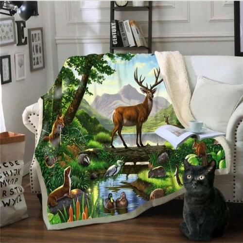 WOSTAR Sherpa blanket Modern Art 3D Printing Landscape deer Super soft Velvet Plush Adult Blanket