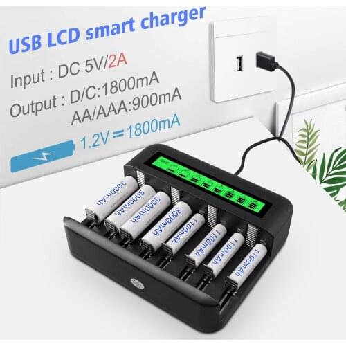 Battery Charger 8 Slot Smart Liquid Crystal Battery Charger USB Powered Rechargeable AA / AAA / C / D with LCD Display