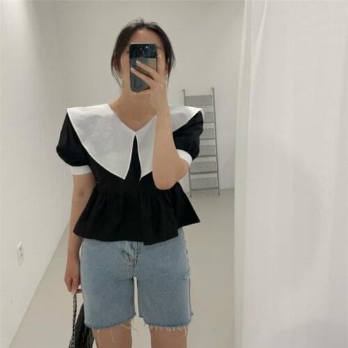 Summer New Style 2021 Female Blouse Hit Color Round Neck Waist Short Puff Sleeve Shirt 2021