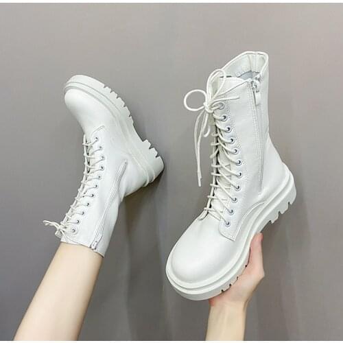 2021 Women Boots PU White Mid Calf Boots Autumn Winter Motorcycle Boots Fashion Female Chunky Heel Platform Botas Femininas