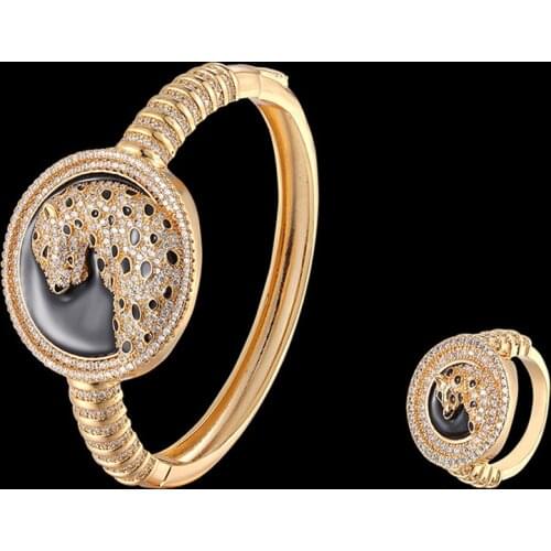 Zlxgirl Class Jet Enamel leopard head copper bangle and ring of wedding jewelry sets perfect cubic zirconia bracelet & bangles