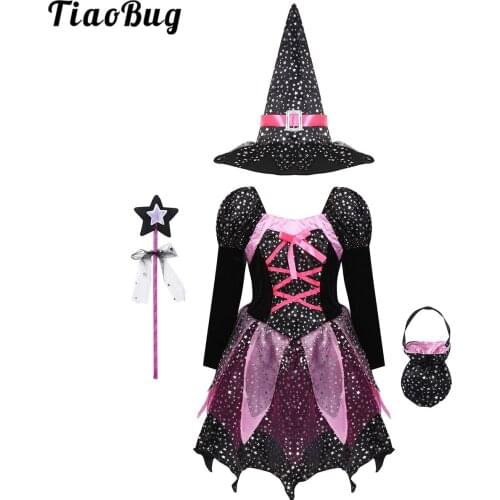 4Pcs Kids Girls Halloween Witch Costumes Outfit Long Sleeve Sparkly Stars Printed Dress With Pointed Hat Wand Candy Bag Set