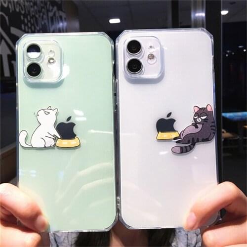Transparent Cute Cartoon Cat Straight Edge Case For iPhone 11 12 Pro XS Max 7 8 Plus X XR SE 2020 Clear Shockproof Back Cover