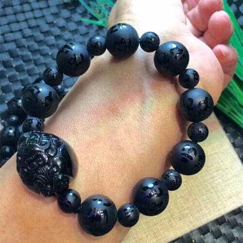 Black Agate carving Buddha Gemstone Stretchy Bracelets Lucky Handmade Reiki Healing Bless Yoga Wrist