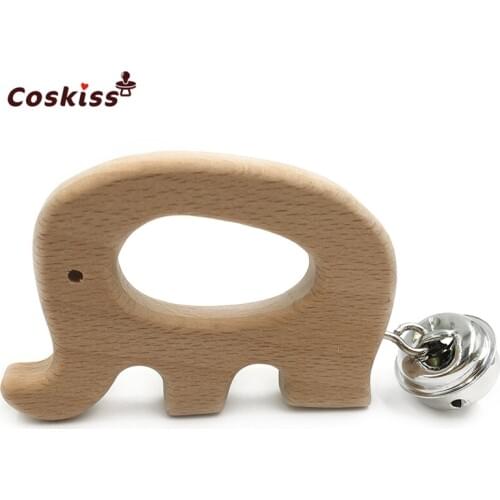 Baby Teether Bells Beech Wooden Elephant Natural Handmade Wooden Teether DIY Eco-Friendly Safe Newborns Enlightenment Toys