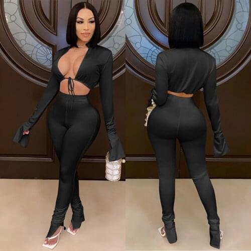 TNNAOFF Fall Two Piece Set for Women hollow out Irregular Bandage long sleeve Tops Sexy Skinny Pants Night Club Outfits Suits