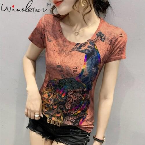 Summer European Clothes T-Shirt Print Animal Gold Blocking Fashion Women Tops Short Sleeve Bottoming Shirt Tees 2021 T14610A