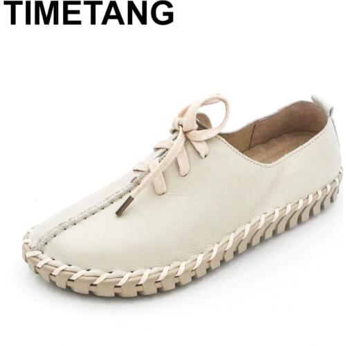 TIMETANG Genuine Leather Loafers Casual Platform Shoes Woman Slip On Flats Bowtie Moccasin Comfortanble Creepers Women Shoes