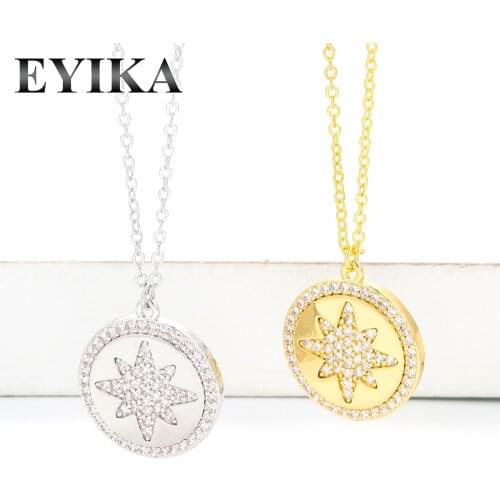 EYIKA Fashion Cubic Zircon Eight-pointed Star Round Pendant Necklace Gold Silver Color Chain Geometric Choker Jewelry for Women