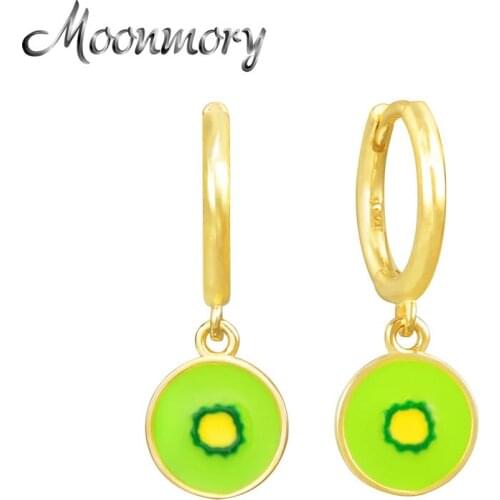 Moonmory 100% 925 Sterling Silver Summer Fruit Hoop Earrings For Women Green Enamel Kiwi Pendant 2021 European Fashion Jewelry