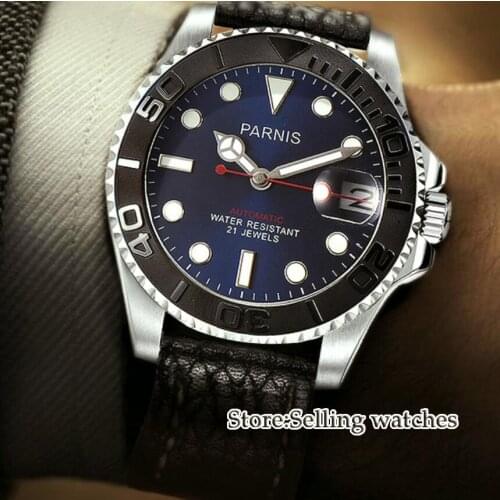 41mm Parnis Blue Dial Sapphire Glass Romantic Sweet Date window 21 jewels Miyota 8215 Automatic Movement mens Watch